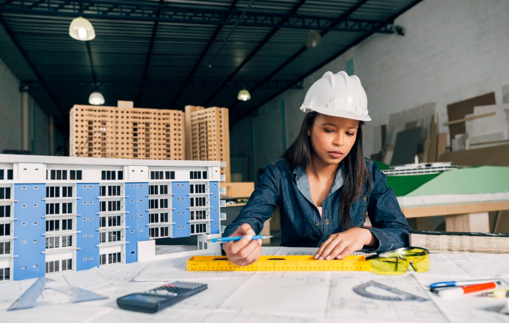 femme afro americaine dans un casque de securite travaillant pres du modele de construction